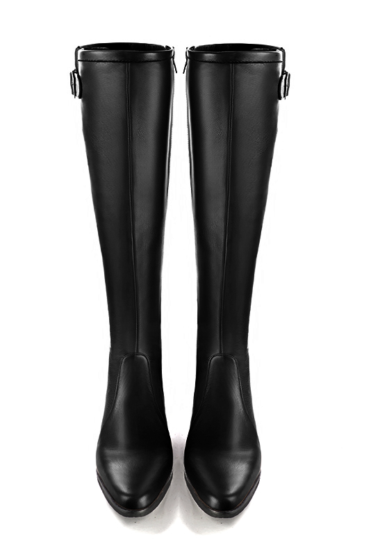 Satin black women's knee-high boots with buckles. Round toe. Low leather soles. Made to measure. Top view - Florence KOOIJMAN